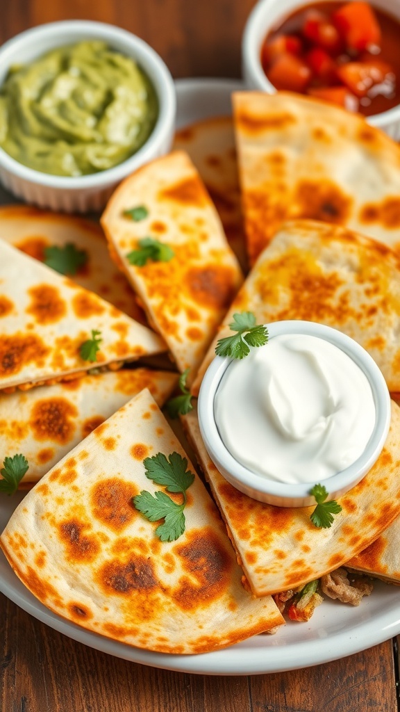 Golden quesadillas filled with cheese and toppings, served with guacamole and salsa.